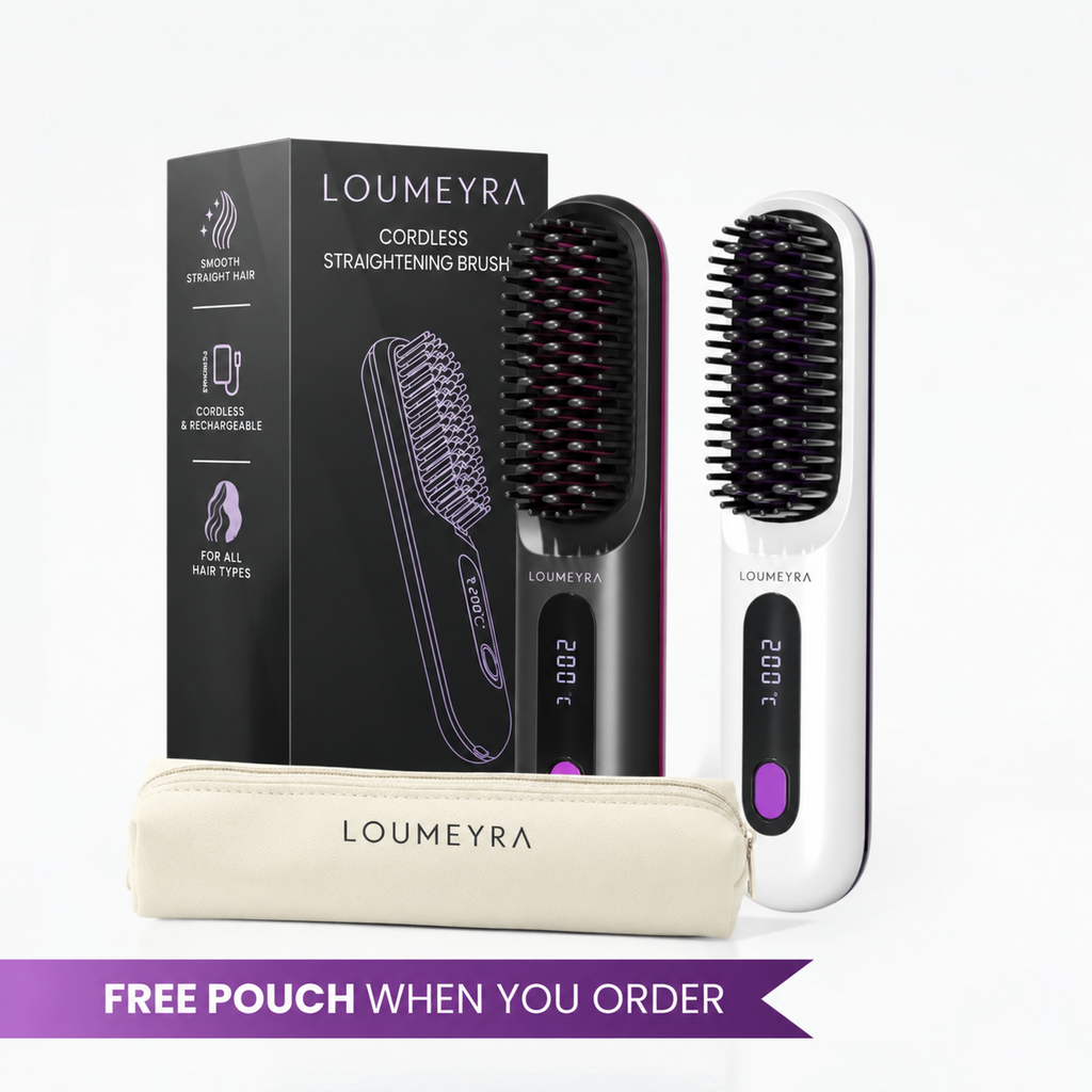 Loumeyra cordless straightening brush with packaging and travel pouch