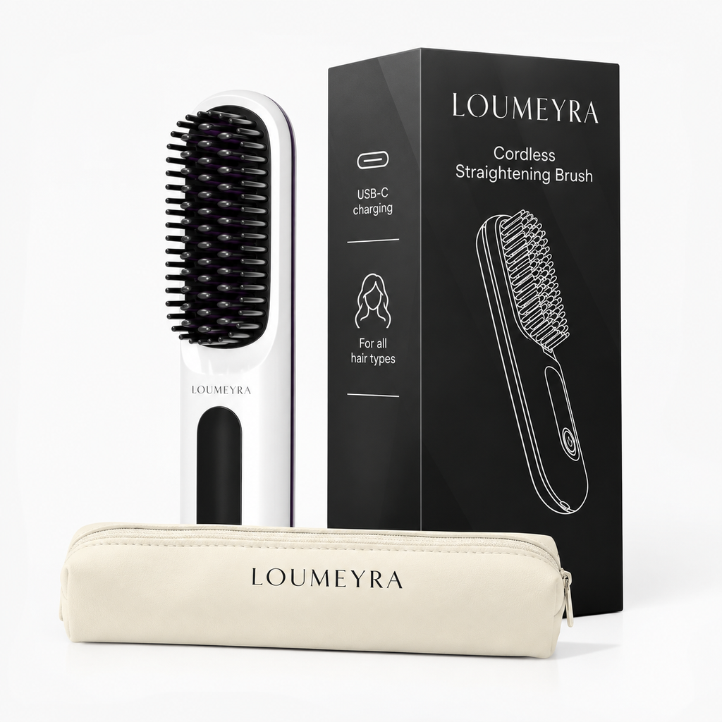 Loumeyra cordless straightening brush packaging and pouch