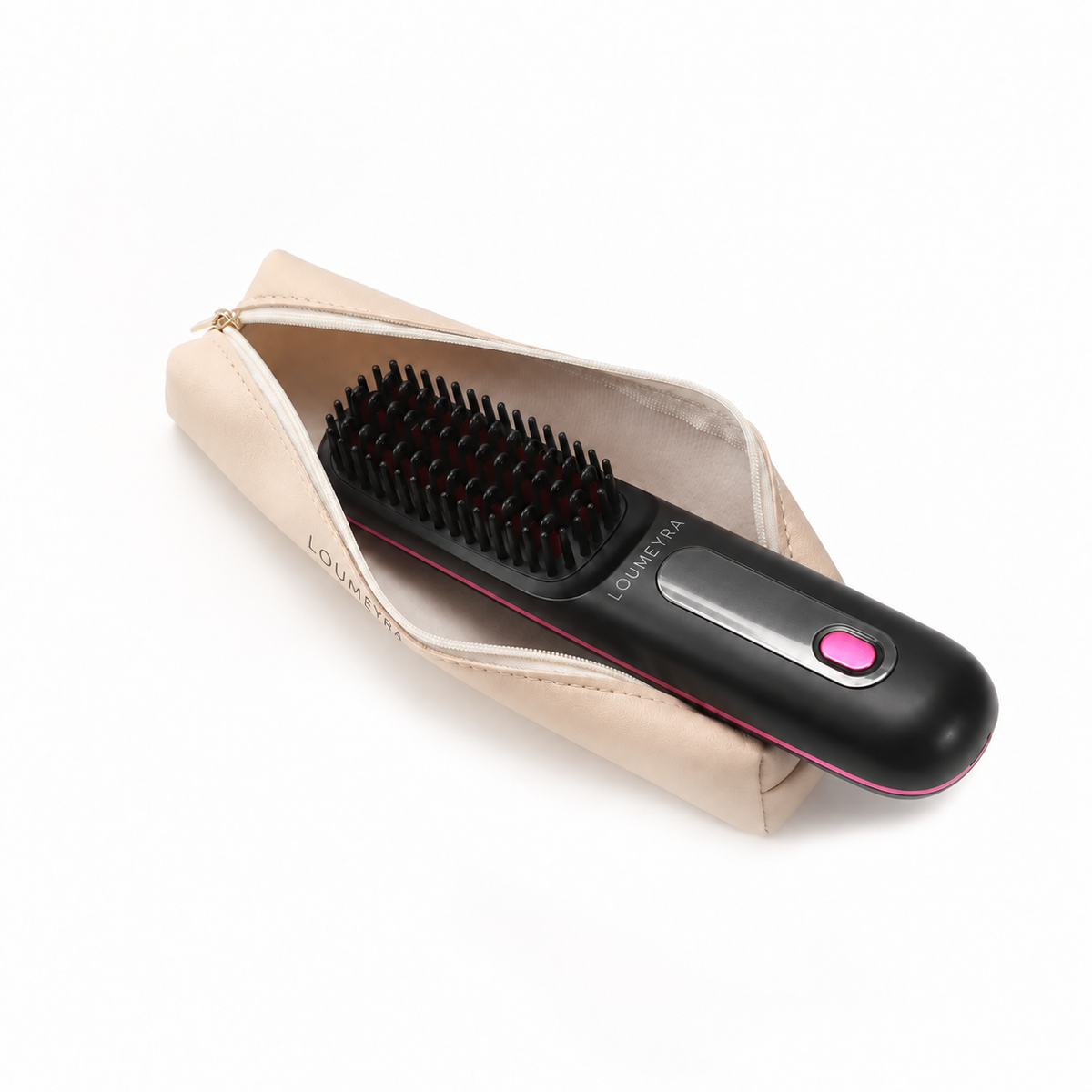Loumeyra cordless brush inside leather travel pouch