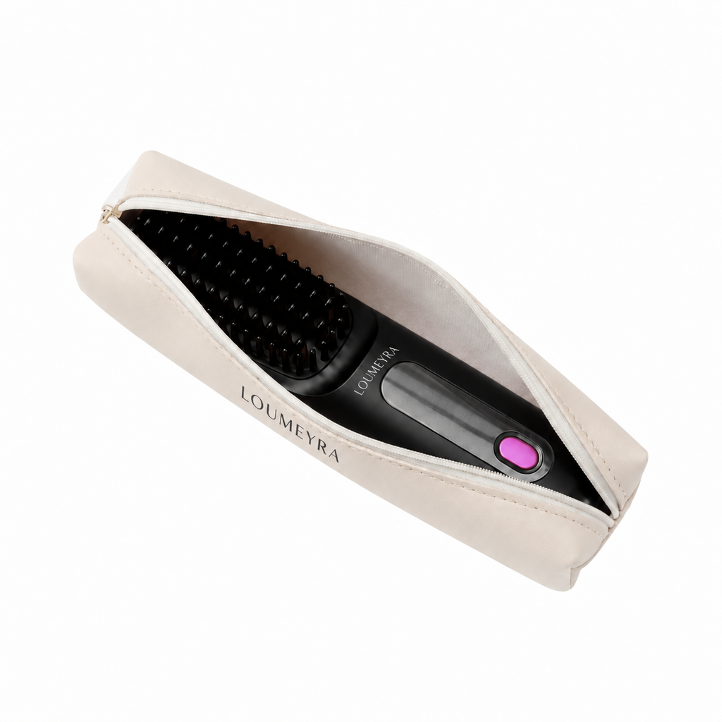 Open Loumeyra leather pouch with cordless brush